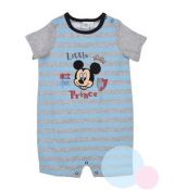 Letní kojenecký overal Mickey Mouse šedý se světle modrými pruhy