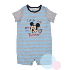 Letní kojenecký overal Mickey Mouse šedý se světle modrými pruhy