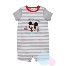 Letní kojenecký overal Mickey Mouse šedý s bílými pruhy